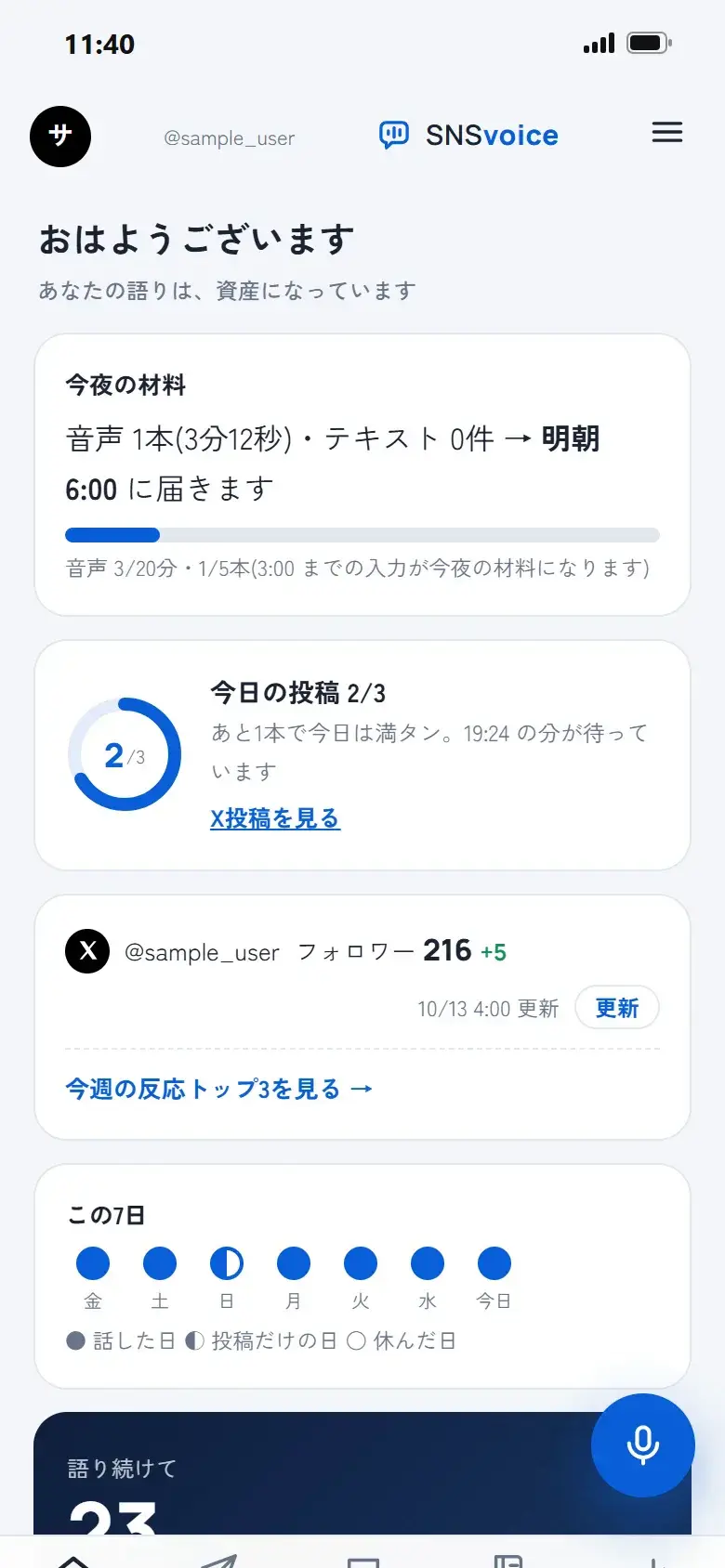 ホーム画面。今夜の材料、今日の投稿の進み具合、この7日間の記録が並ぶ